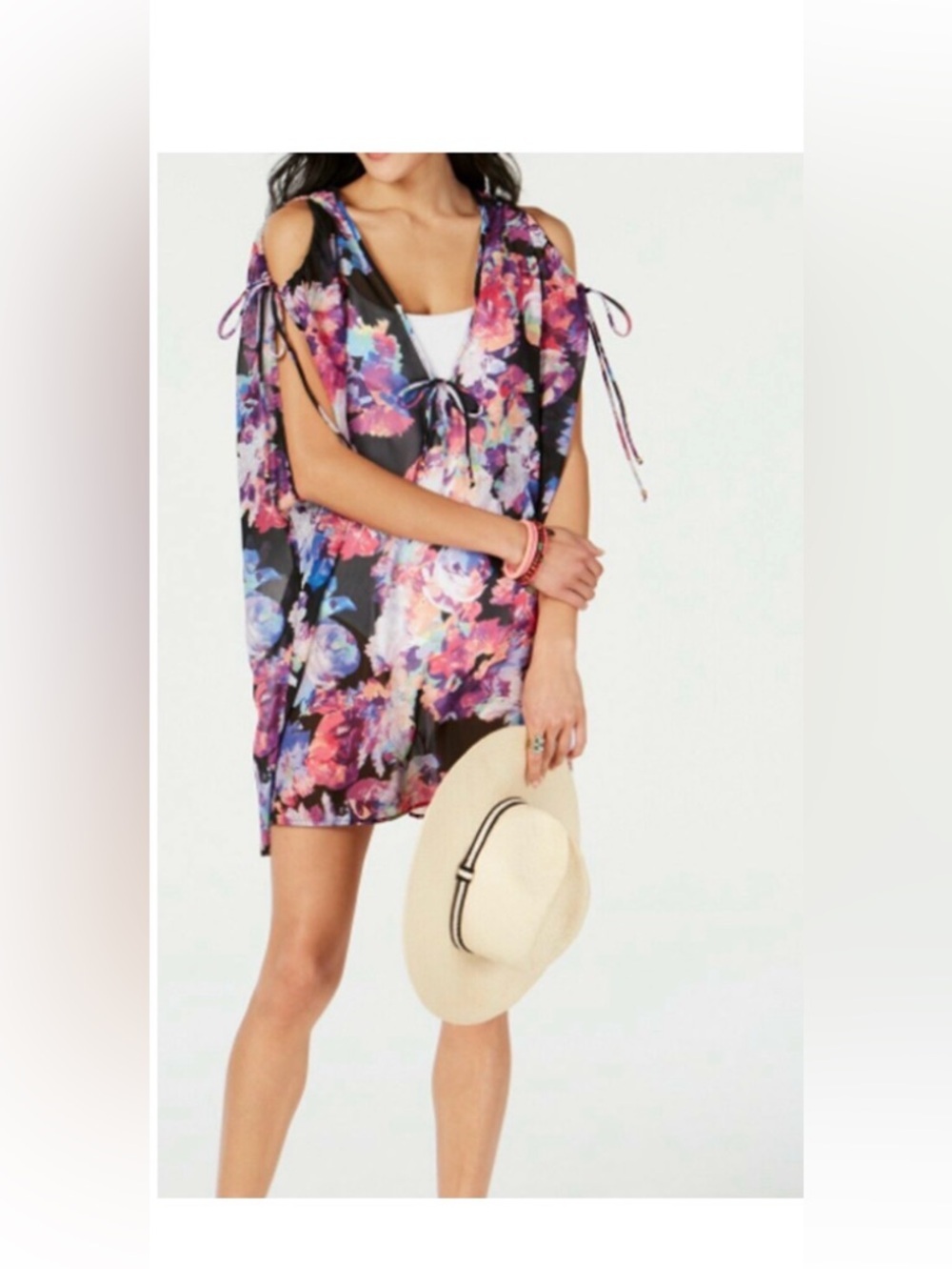 Bar III Black Sheer Floral V-Neck Tunic with Multicolor Blooms